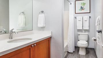 Hair dryer, towels, soap, toilet paper