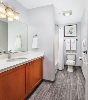 Hair dryer, towels, soap, toilet paper