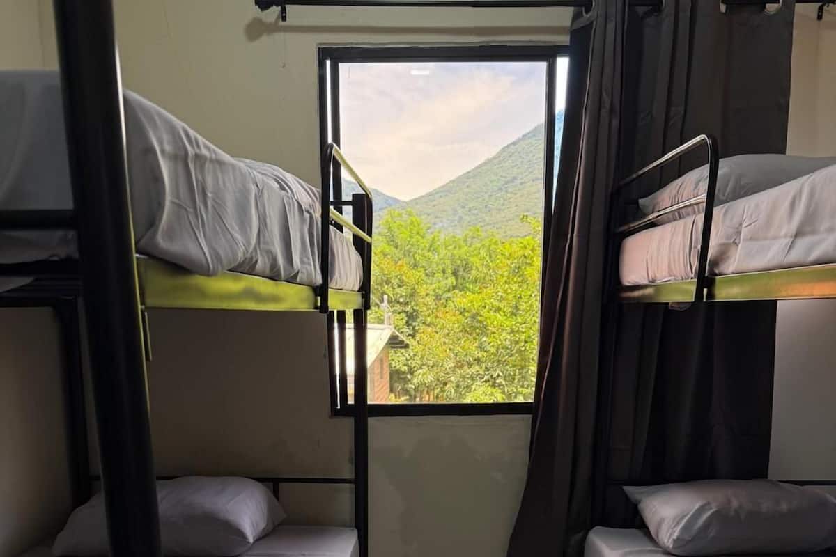 A dormitory room with bunk beds, a window with curtains, and a view of greenery outside.