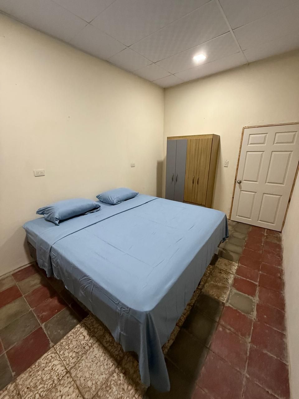 A bedroom with a bed, a wardrobe, and a door.