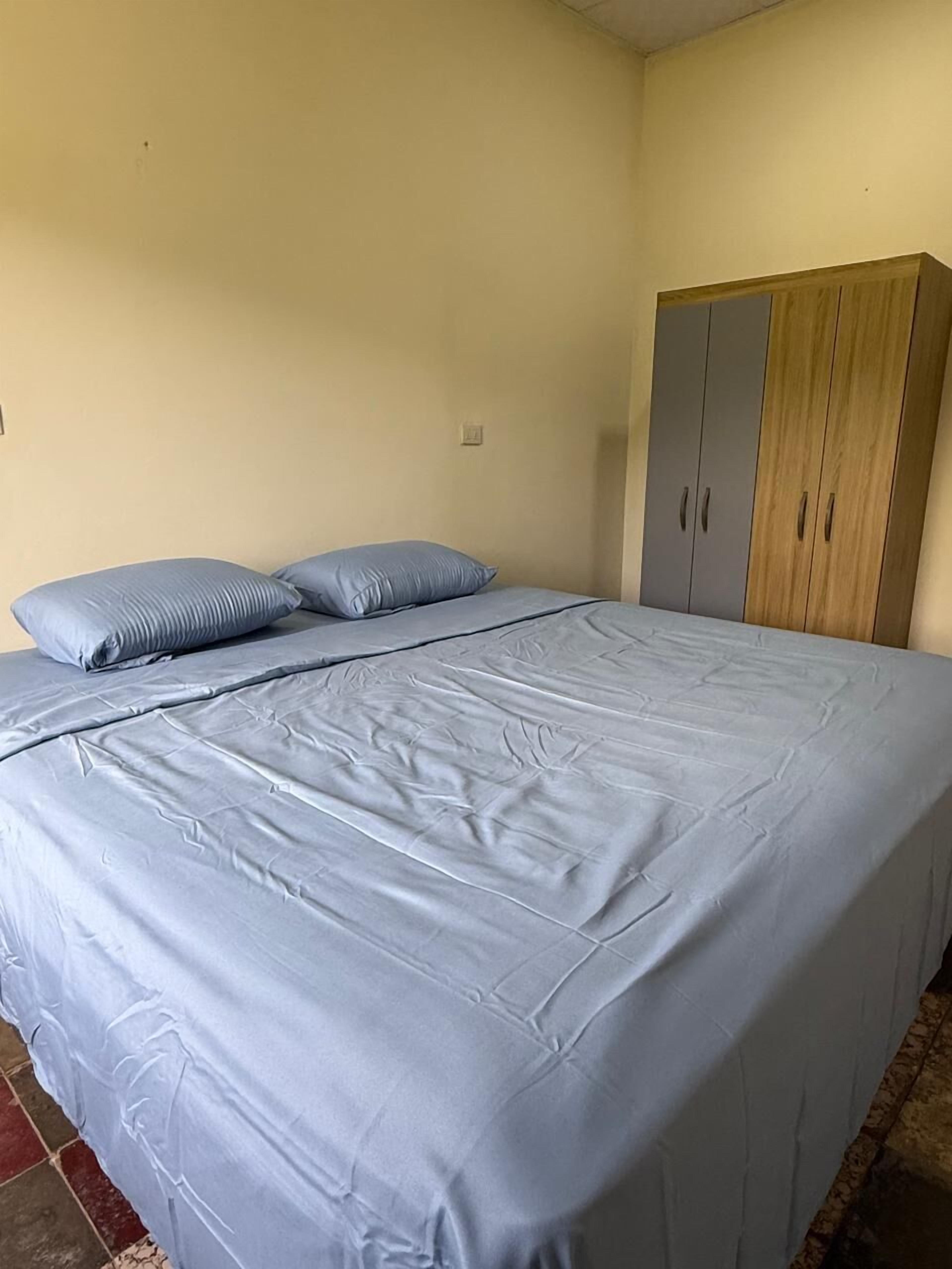 A bedroom with a bed, two pillows, and a wardrobe.