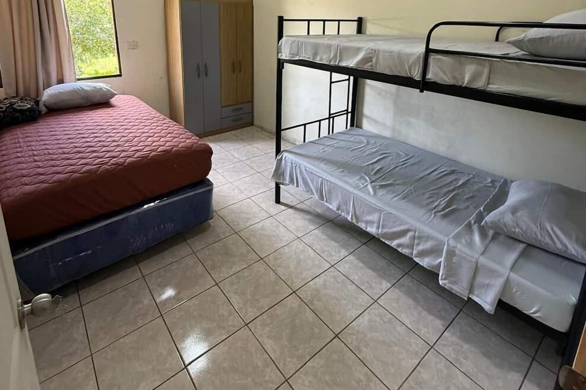 A dormitory room with bunk beds, a single bed, a wardrobe, and a window with curtains.