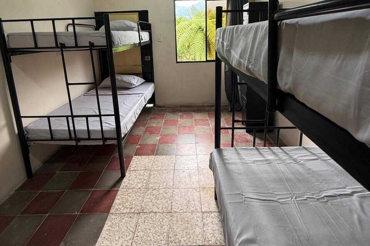 A dormitory room with bunk beds, a window with a view of greenery, and a tiled floor.