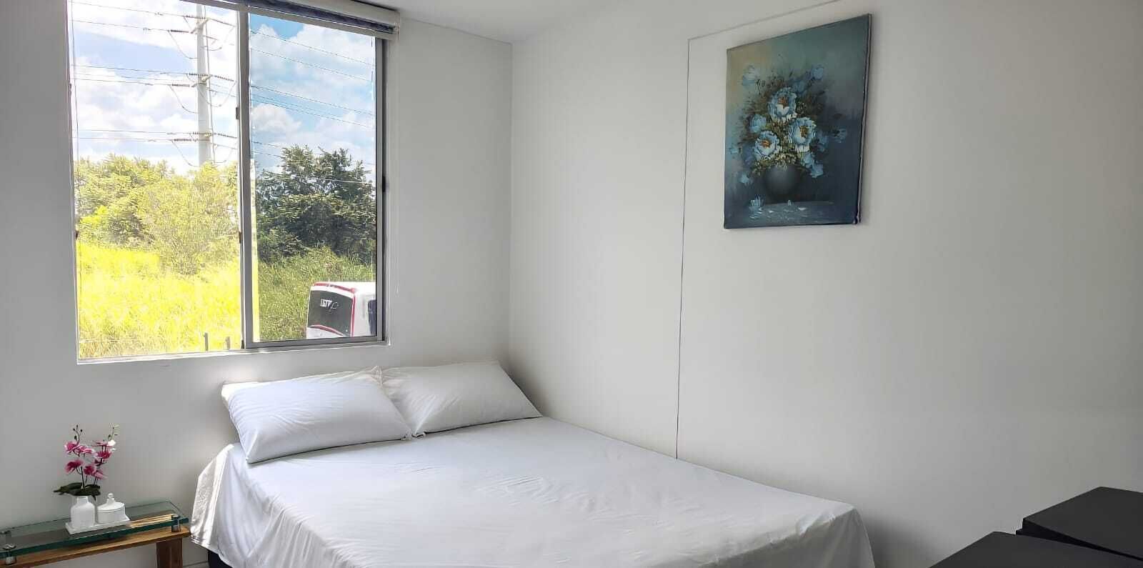A room with a bed, a window with a view of greenery and a vehicle, and a painting on the wall.