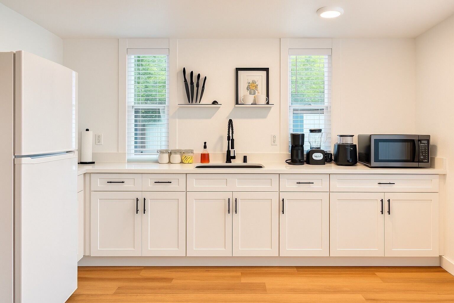 Fridge, microwave, coffee/tea maker, toaster