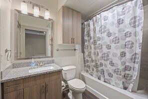 Hair dryer, towels, soap, shampoo
