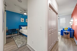 1 bedroom, desk, iron/ironing board, travel cot
