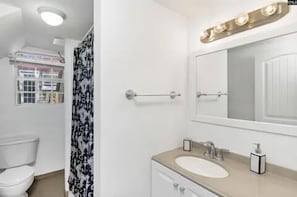 Hair dryer, towels, soap, toilet paper