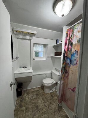 Ein Badezimmer mit Toilette, Waschbecken und Duschvorhang.