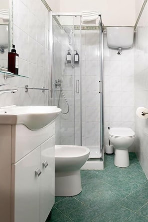 Une salle de bain moderne avec une douche à parois de verre, un lavabo blanc et des toilettes.