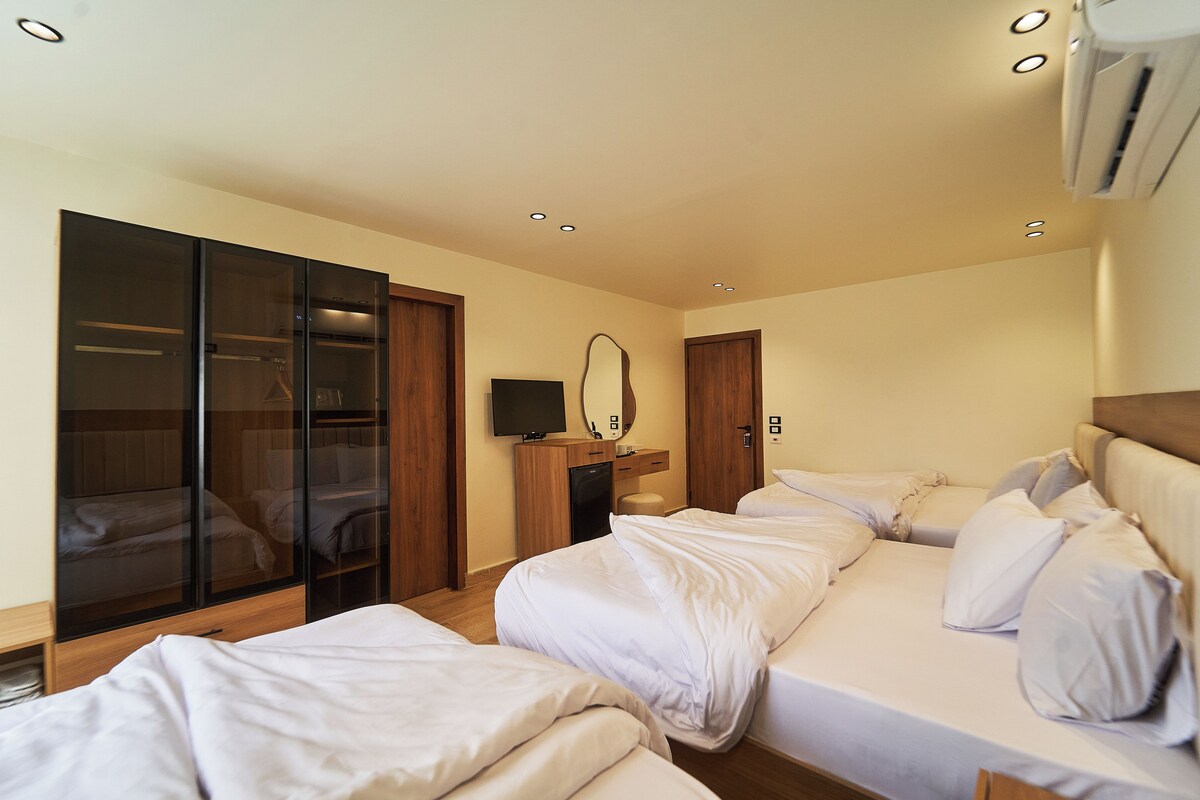 A hotel room with a large wardrobe, a desk with a mirror, and two beds with white bedding.