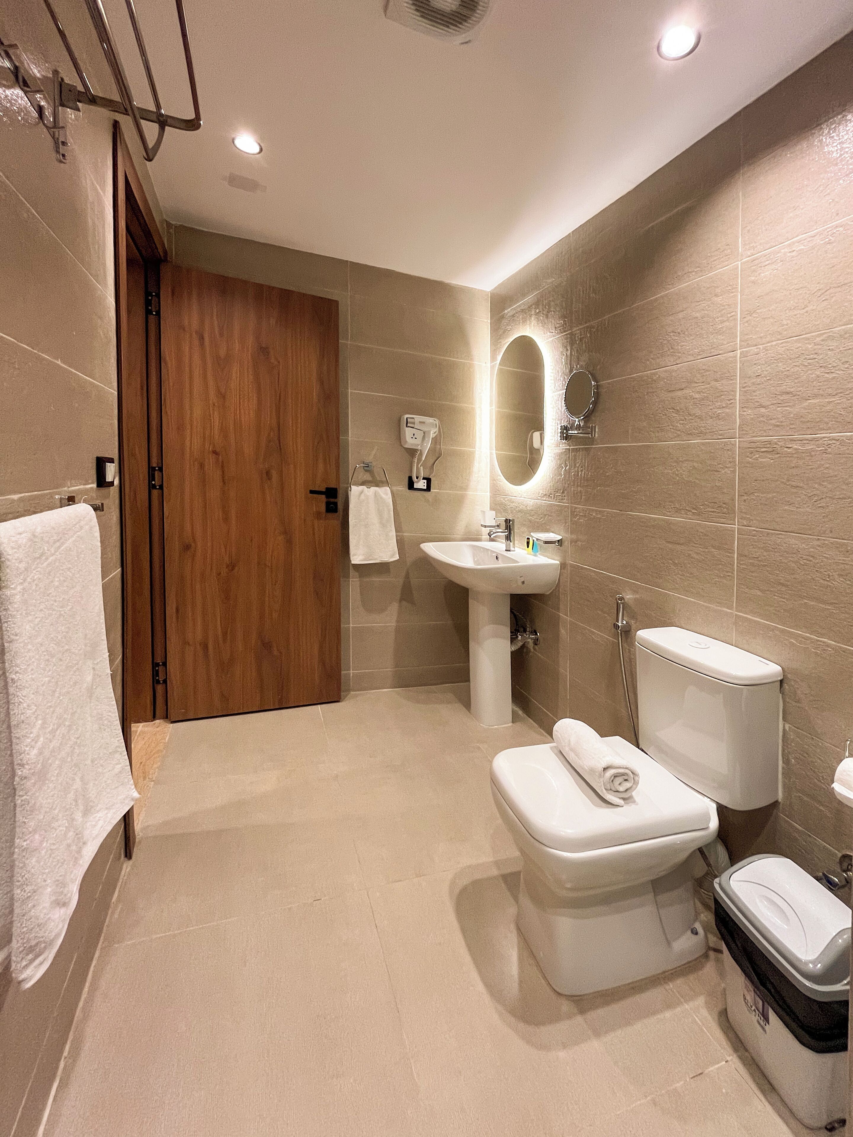 A modern bathroom with a wooden door, a white sink, a toilet, and a mirror.