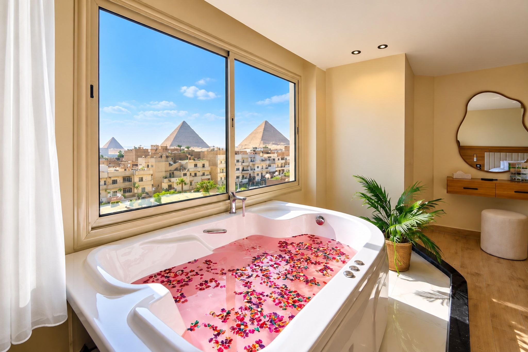 Un baño con una bañera llena de agua rosa y pétalos de flores, un amplio ventanal con vistas a pirámides y una planta en maceta.