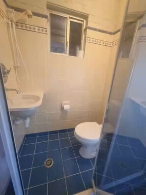 Shower, towels, soap, toilet paper