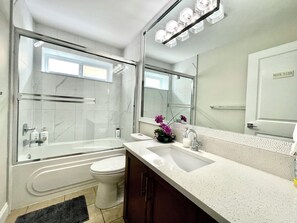 Hair dryer, towels, soap, shampoo
