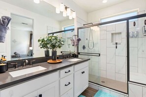 Shower, hair dryer, shampoo