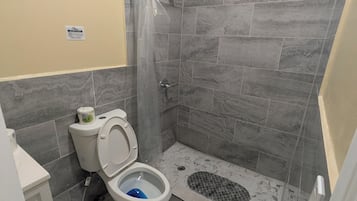 Shower, towels, soap, toilet paper