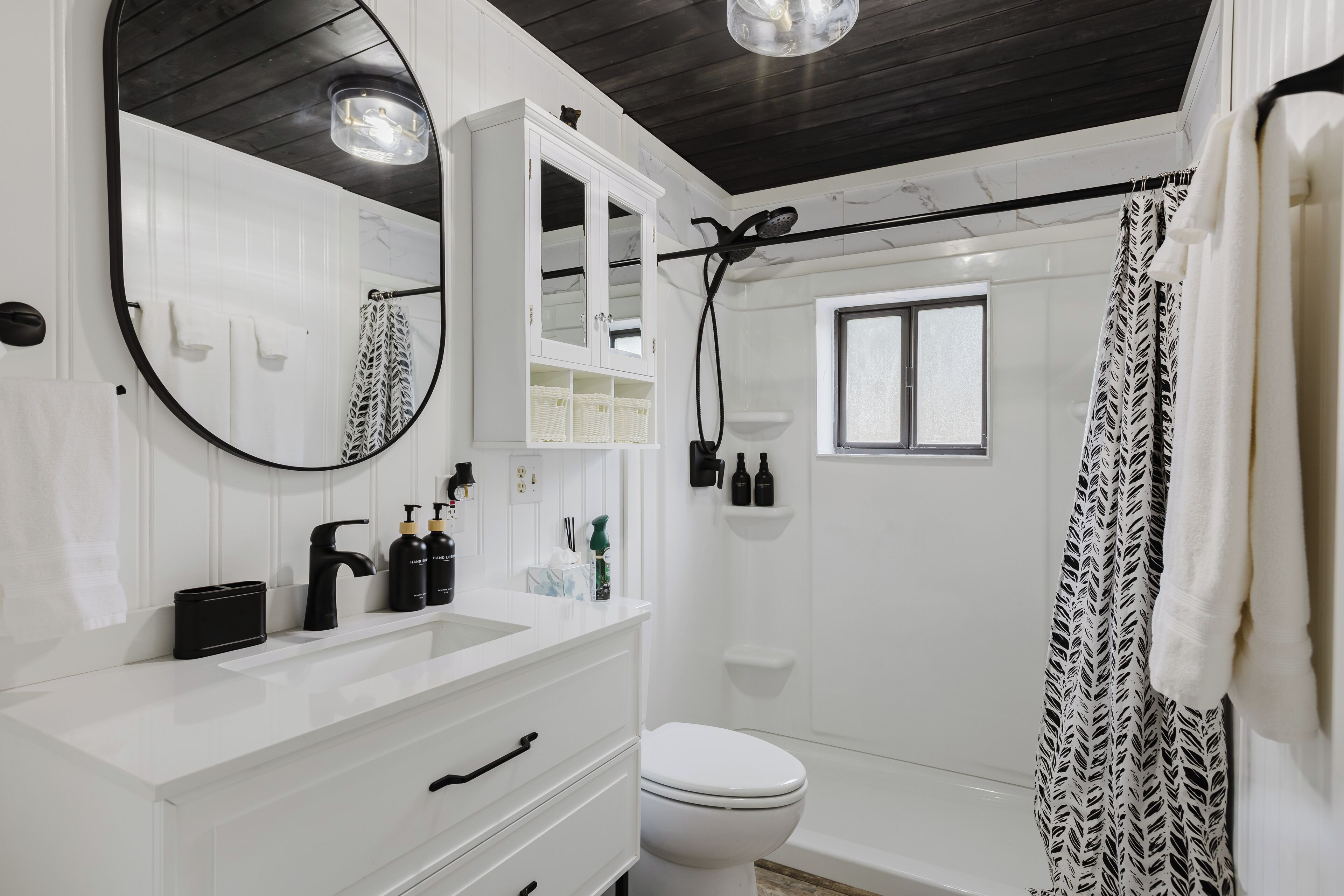Hair dryer, towels, soap, shampoo