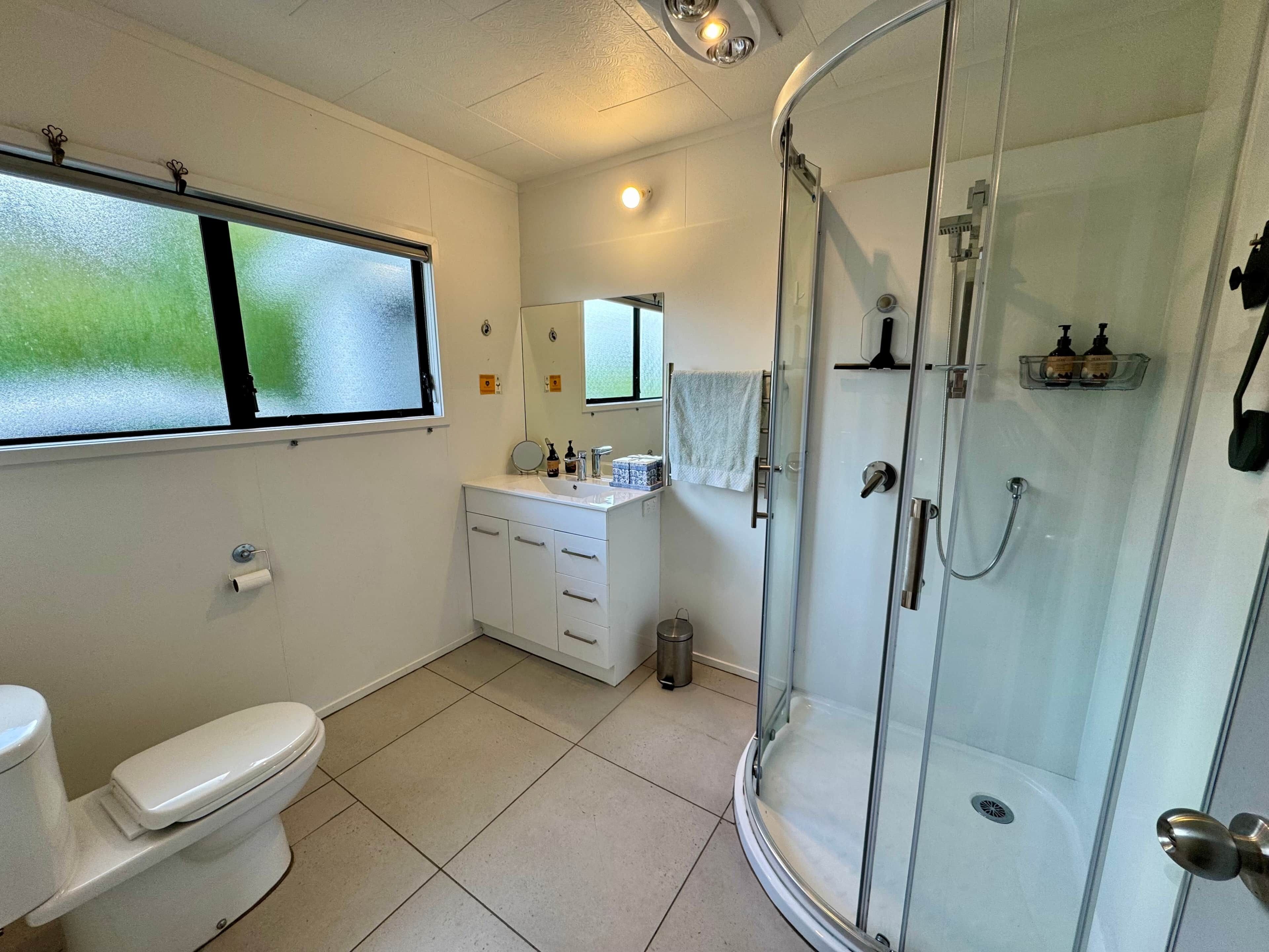 Shower, hair dryer, towels