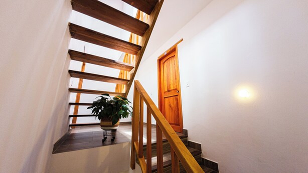 A wooden staircase with a wooden door at the bottom.