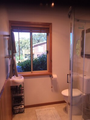 A bathroom with a window, a toilet, a shower, and a towel rack. - Bicheno Bell a cosy stay for couples and fantastic proximity! (Bicheno)