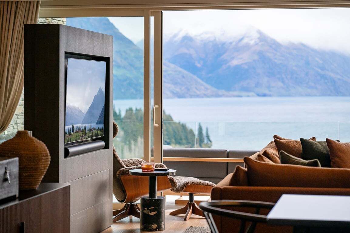 TV, fireplace, books, stereo