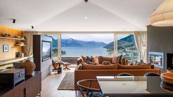 TV, fireplace, books, stereo