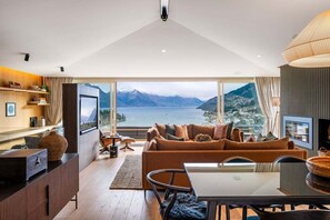 TV, fireplace, books, stereo