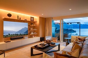 TV, fireplace, books, stereo