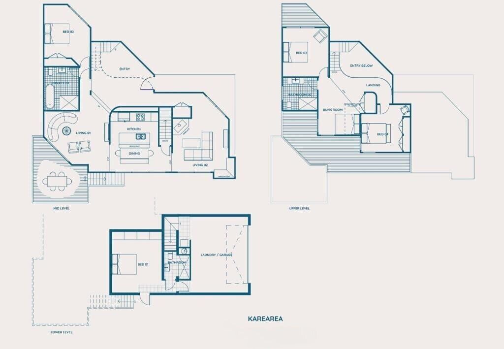 A floor plan of a multi-level apartment with labeled rooms including a kitchen, dining area, living room, and bedrooms.