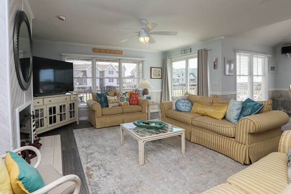 TV, DVD player, video library, stereo