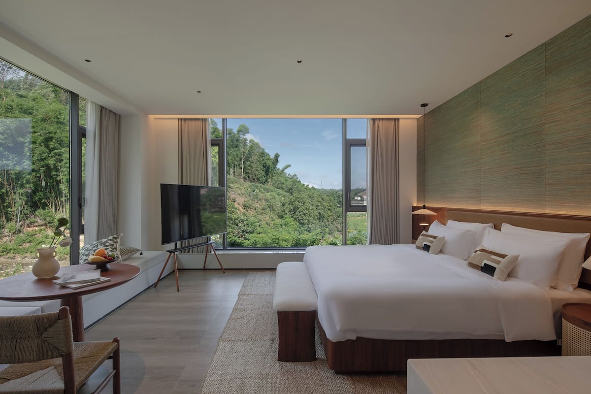 Een moderne hotelkamer met een groot bed, een televisie op een standaard, een zithoek met een tafel en stoel, en uitzicht op groen door grote ramen.