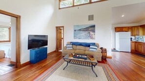 TV, fireplace, books, stereo