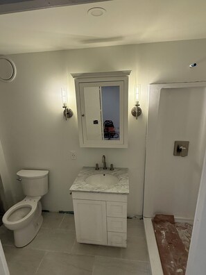 Hair dryer, towels, soap, toilet paper