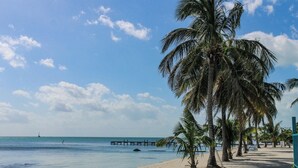 A beach with palm trees, a wooden pier, and a sign for 'NEW WATER GRILL'. - Tropical Tranquility Suite | Upper Level 1BR Sea (San Pedro)