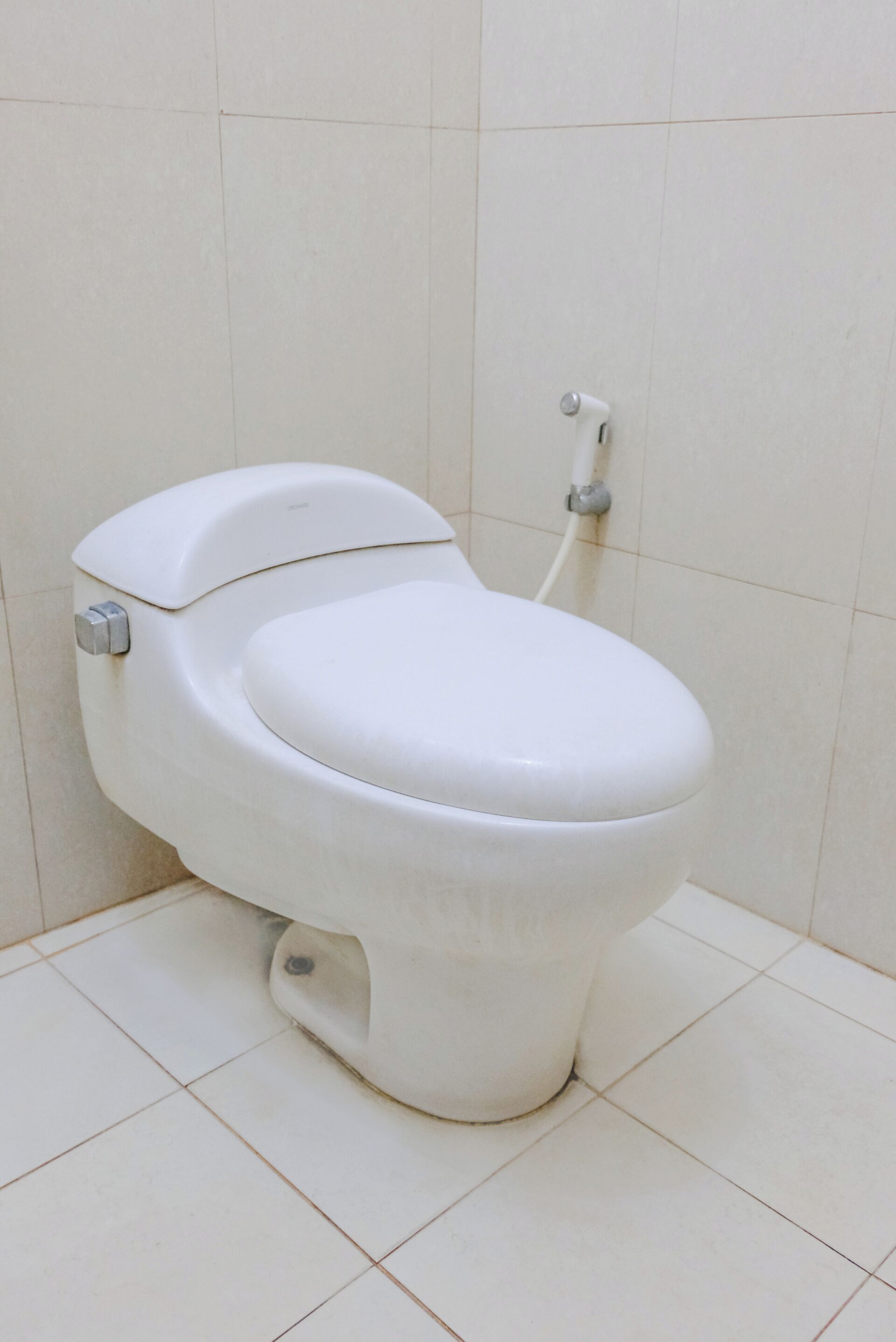 A white toilet in a bathroom with tiled walls and floor.