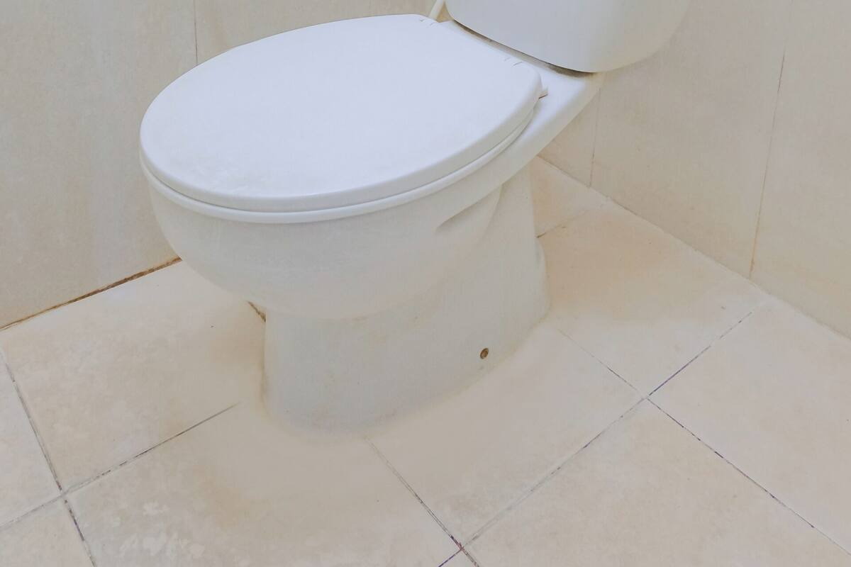A white toilet in a bathroom with white tiles on the walls and floor.