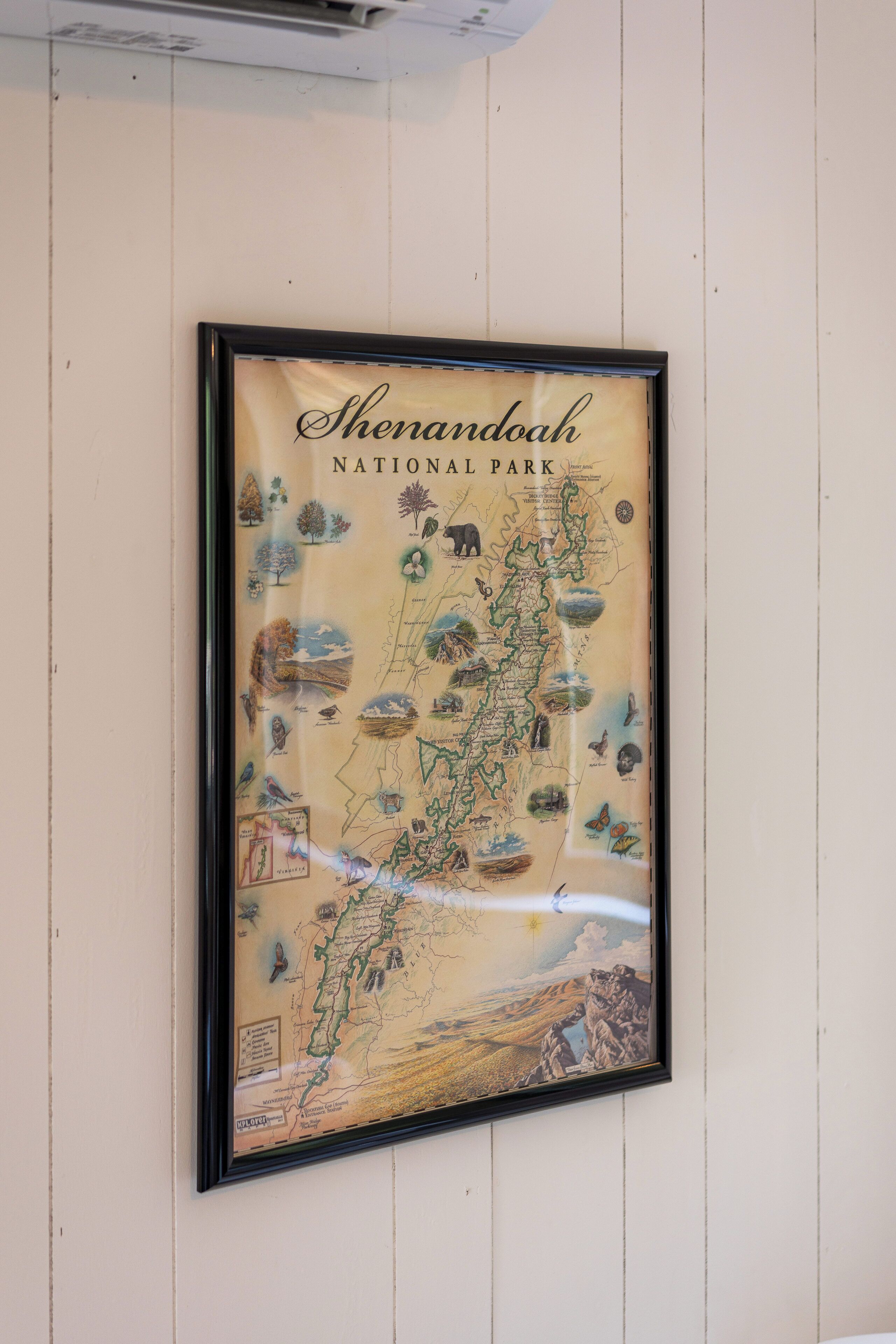 A framed map of Shenandoah National Park with various landmarks and wildlife illustrations.