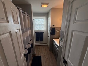 Hair dryer, towels, soap, shampoo