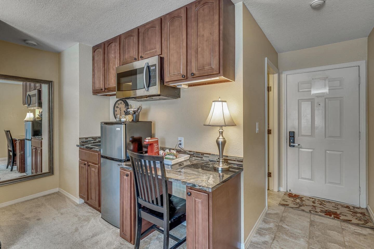 Fridge, coffee/tea maker, cookware/dishes/utensils