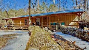 Une cabane avec une façade en bois, une véranda et un espace extérieur aménagé et abrité.