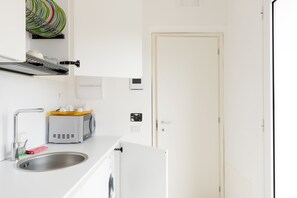 Fridge, microwave, dining tables