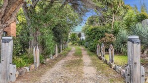 Un sendero de grava bordeado por postes de madera y abundante vegetación, que conduce a un edificio con techo verde.