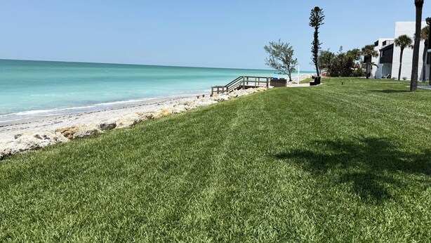 A grassy area with a wooden walkway leading to a beach. - Tamarind – 2BR Condo with Lemon Bay Views (Englewood)