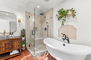 Shower, eco-friendly toiletries, hair dryer, towels