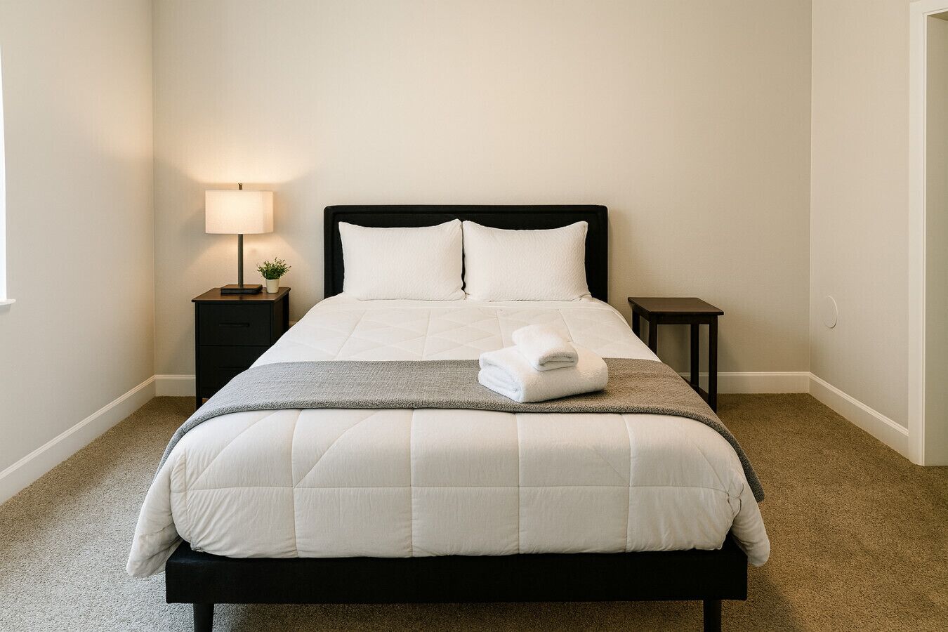 Una cama bien hecha con edredón blanco, dos almohadas y una toalla doblada. Hay una lámpara de noche, una mesita con una planta y un mueble de noche oscuro.