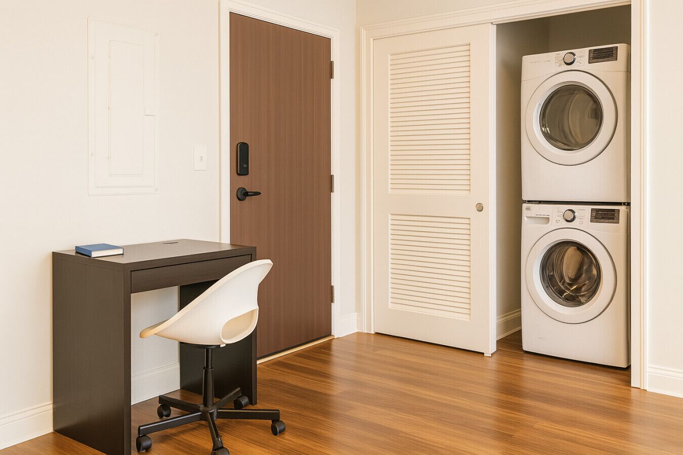 A compact room with a wooden desk, a white chair, and a stacked washer and dryer.