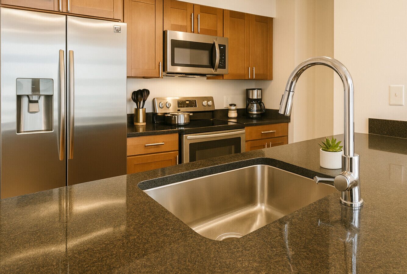 A modern kitchen with stainless steel appliances, a granite countertop, and wooden cabinets.