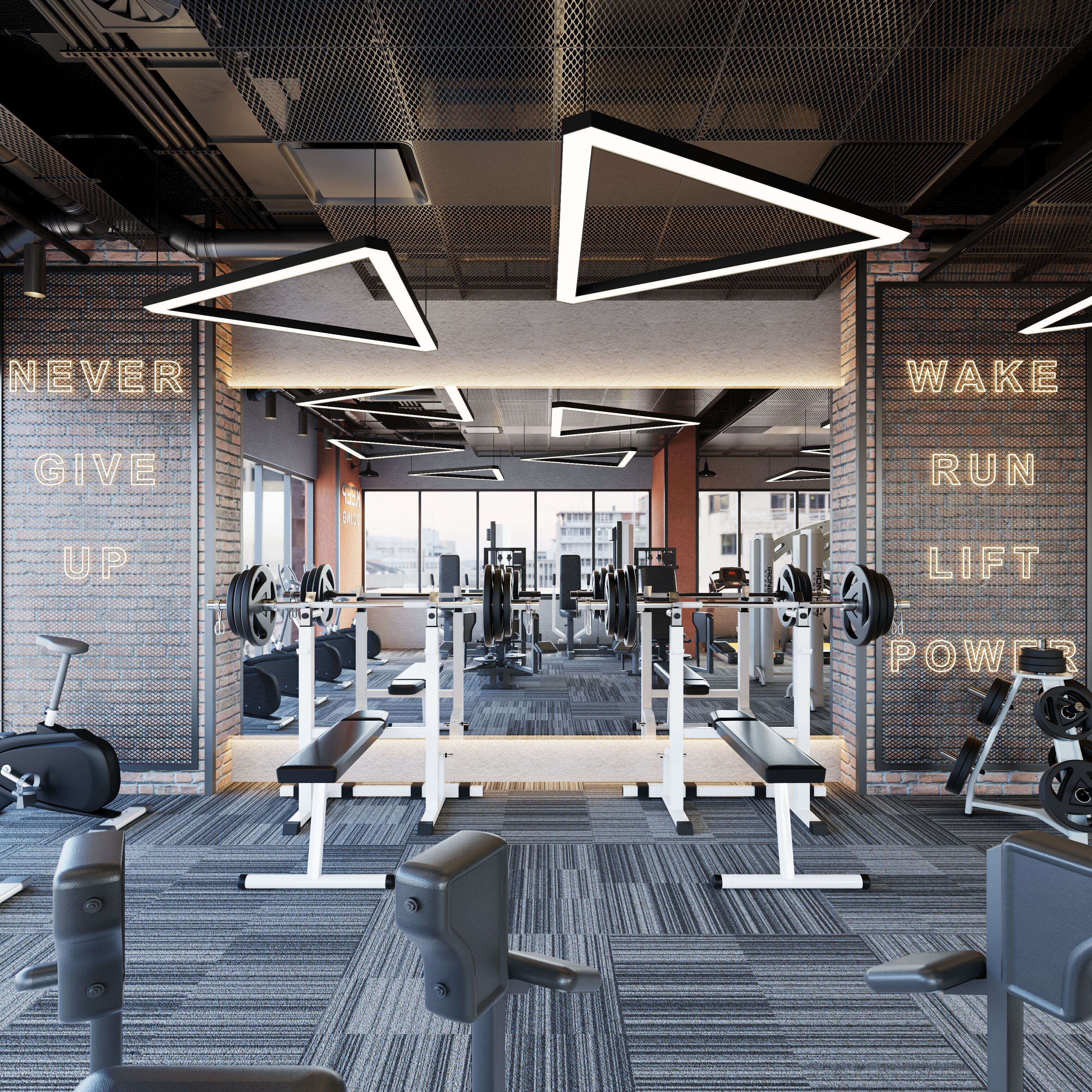 Ein modernes Fitnessstudio mit unterschiedlichen Trainingsgeräten, motivierenden Sprüchen an der Wand und großen Fenstern mit Blick auf die Stadt.