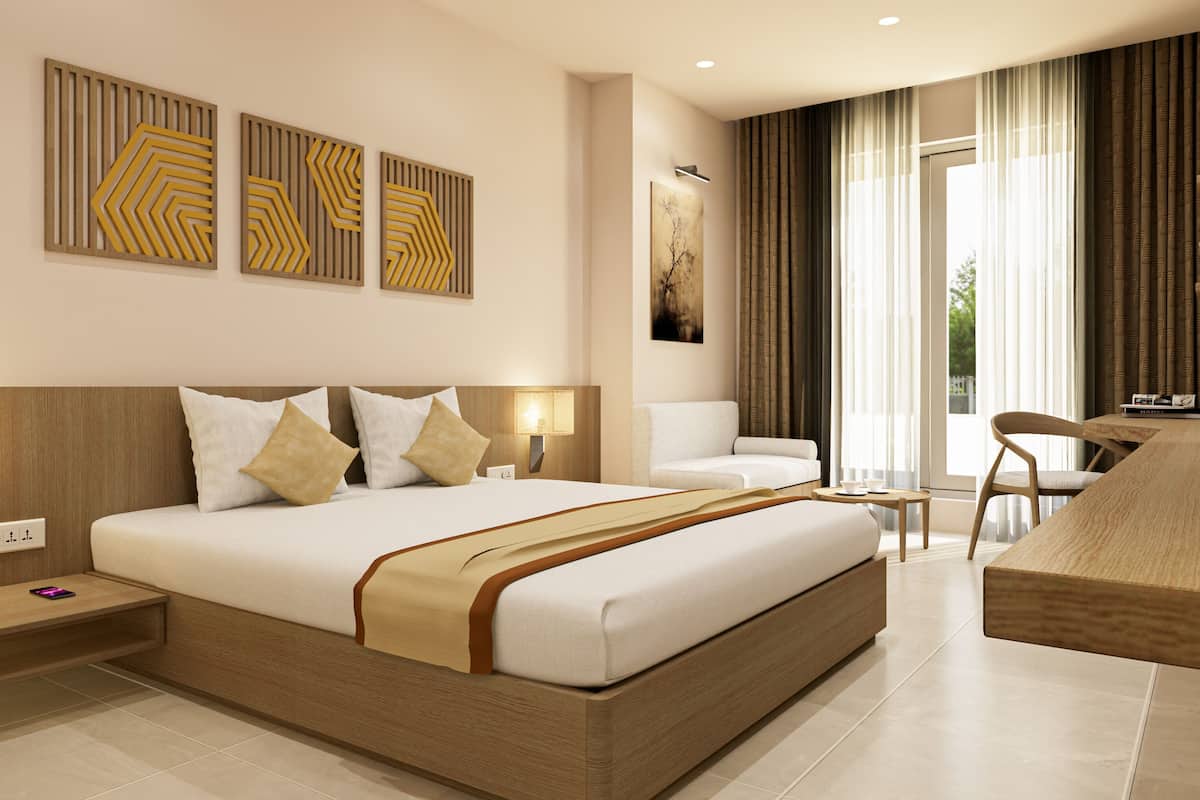 In-room safe, desk, laptop workspace, blackout curtains